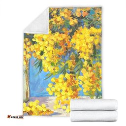Australia Golden Wattle Blanket - Golden Wattle Bouquet Blue Background Oil Painting Art  Blanket