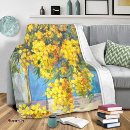 Australia Golden Wattle Blanket - Golden Wattle Bouquet Blue Background Oil Painting Art  Blanket