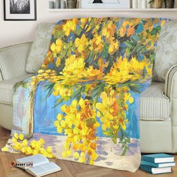 Australia Golden Wattle Blanket - Golden Wattle Bouquet Blue Background Oil Painting Art  Blanket