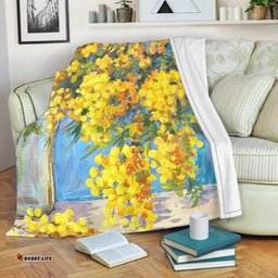 Australia Golden Wattle Blanket - Golden Wattle Bouquet Blue Background Oil Painting Art  Blanket
