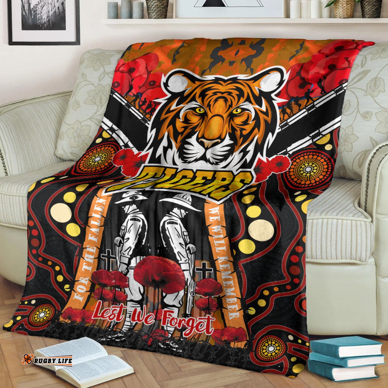 tigers rugby anzac day watercolour blanket custom remembrance west tigers with poppy flower rlt13