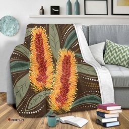Australia Flowers Aboriginal Blanket - Aboriginal Dot Art With Yellow Banksia Flower Blanket