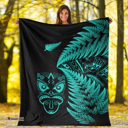 New Zealand Haka Rugby Maori Premium Blanket Silver Fern Vibes Turquoise