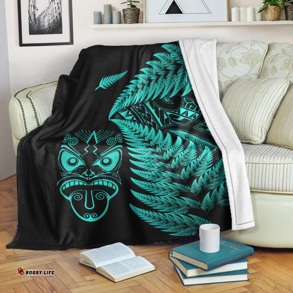 New Zealand Haka Rugby Maori Premium Blanket Silver Fern Vibes Turquoise