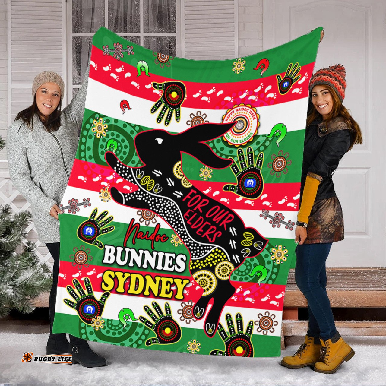 South Sydney Rabbitohs Custom Blanket - For Our Elders Aboriginal Inspired Blanket
