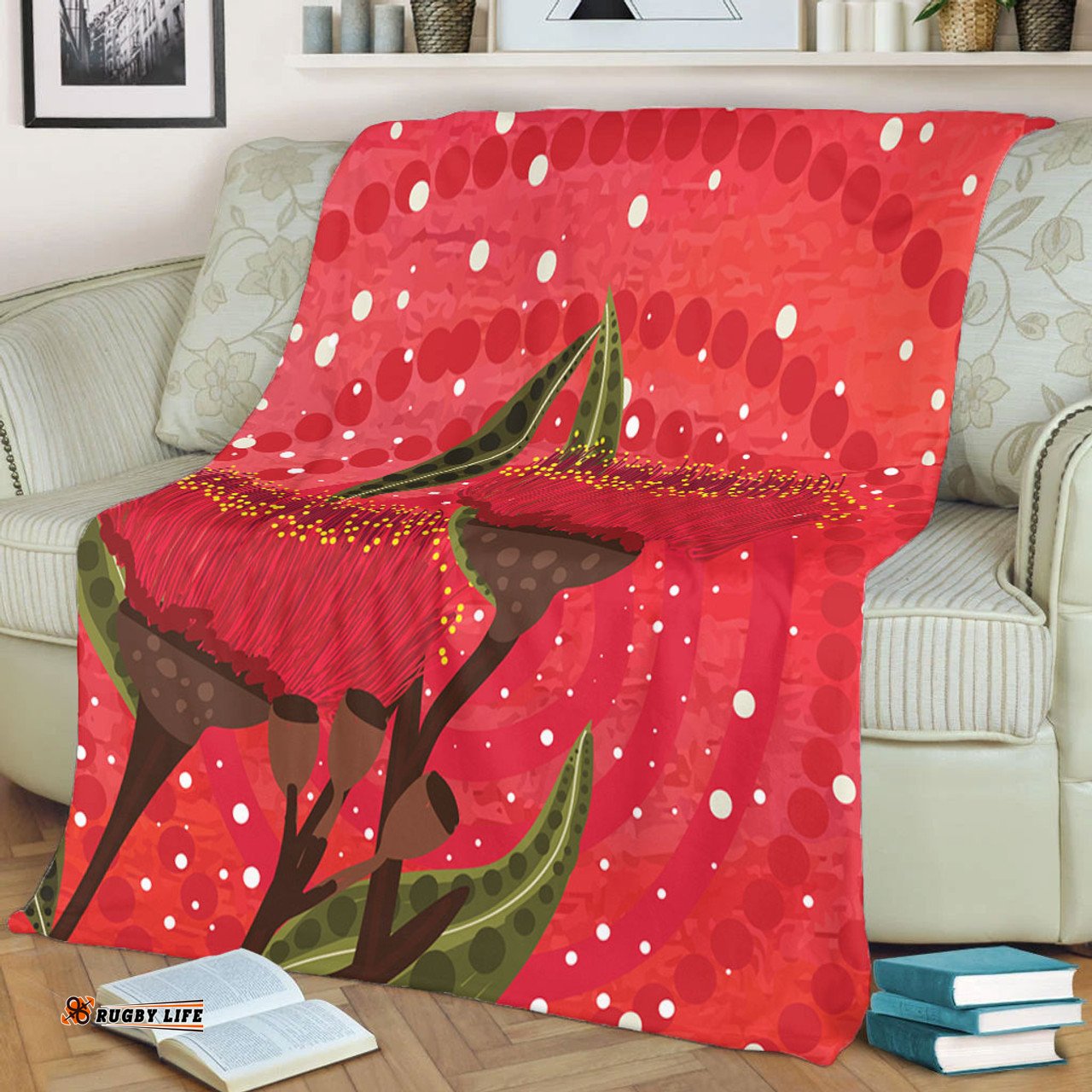 Australia Aboriginal Blanket - Red Aboriginal Art With Eucalyptus Flowers Blanket