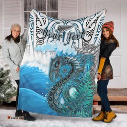 Custom Personalised Manaia Maori Premium Blanket Fern Aotearoa Blue Waves