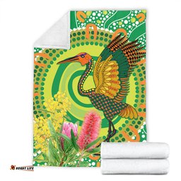 Australia Aboriginal Blanket - Brolga Bird Dancing With Australia Native Flowers V2 Blanket