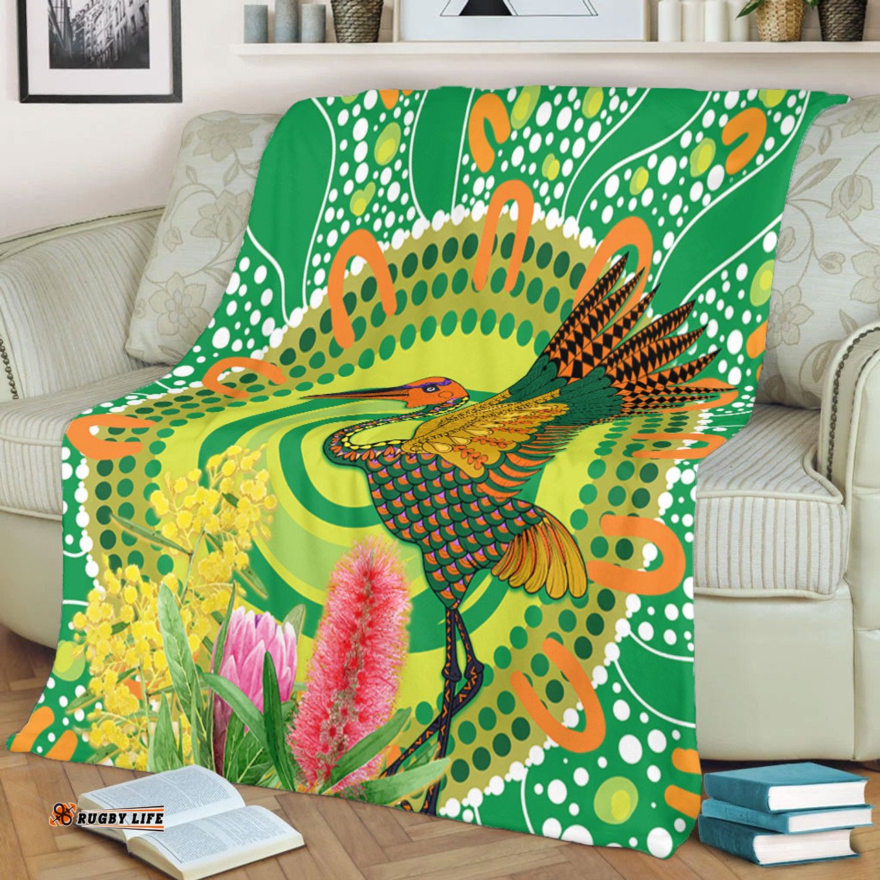 Australia Aboriginal Blanket - Brolga Bird Dancing With Australia Native Flowers V2 Blanket