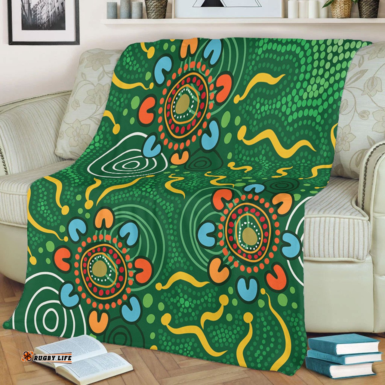 Australia Aboriginal Blanket - Green Painting With Aboriginal Inspired Dot Blanket