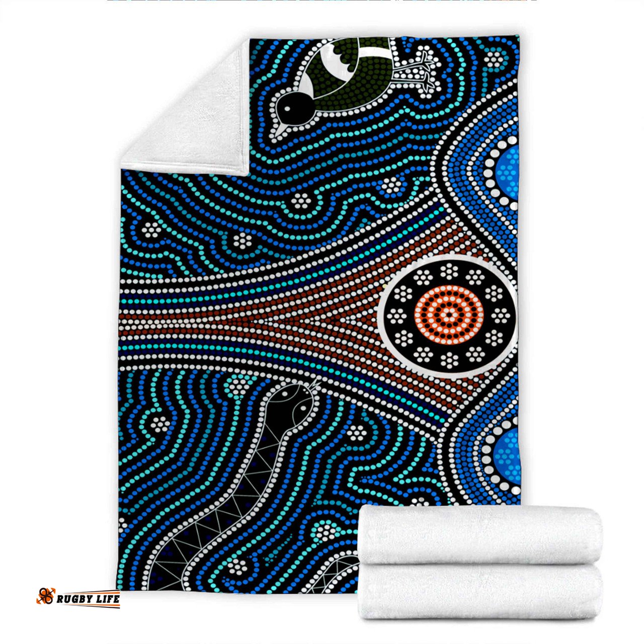 Amazing Aussie Australia Aboriginal Inspired Aboriginal dot painting depicting Fierce Snake and Magpies Blanket