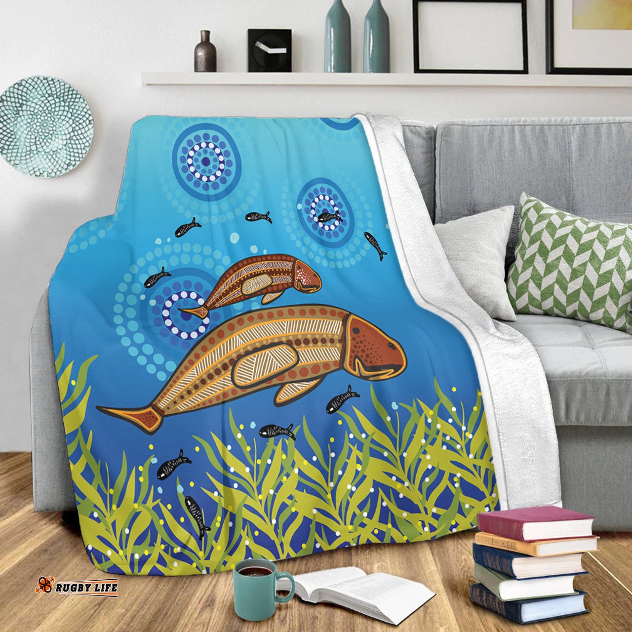 Australia Aboriginal Blanket - Mother And Baby Dugong Aboriginal Art Inspired Blanket