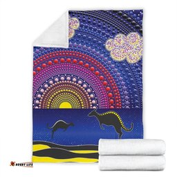 Amazing Aussie Australia Aboriginal Inspired Sunset Over The Sea And Kangaroo Dot Painting Blanket