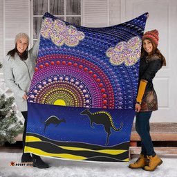 Amazing Aussie Australia Aboriginal Inspired Sunset Over The Sea And Kangaroo Dot Painting Blanket