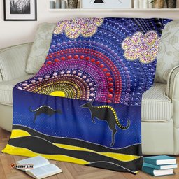 Amazing Aussie Australia Aboriginal Inspired Sunset Over The Sea And Kangaroo Dot Painting Blanket