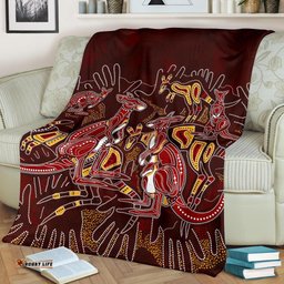 Custom Aboriginal Premium Blanket Kangaroo family with Hand Art