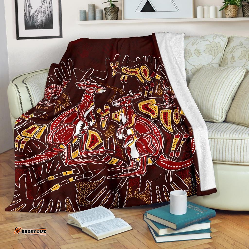Custom Aboriginal Premium Blanket Kangaroo family with Hand Art