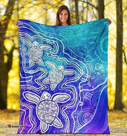 Aboriginal Premium Blanket Sea Turtle With Indigenous Patterns Blue