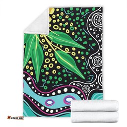 Australia Wattle Leaves Blanket - Aboriginal Dot Art And Wattle Leaves Blanket
