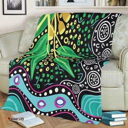 Australia Wattle Leaves Blanket - Aboriginal Dot Art And Wattle Leaves Blanket