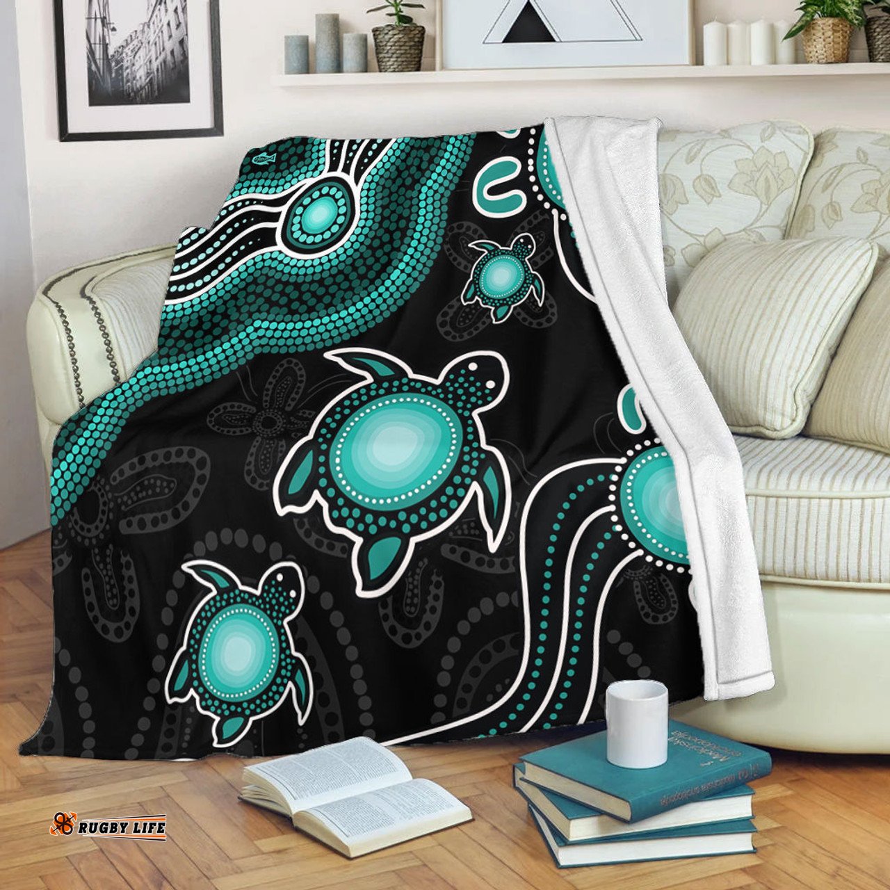 Amazing Aussie Australia Aboriginal Turtle Dreaming Journey Featuring Dot Art Turquoise Blanket