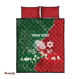 Custom Tonga And Australia Rugby Quilt Bed Set Mate Maa Tongan Ngatu Mix Kangaroos Aboriginal