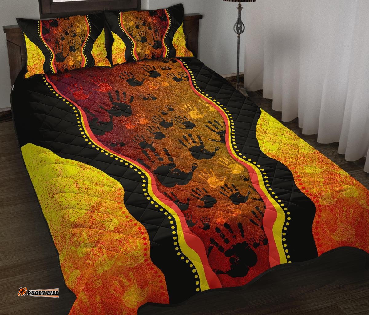 Aboriginal Quilt Cover Set, Aboriginal Rock Painting Hand Art Golden Style