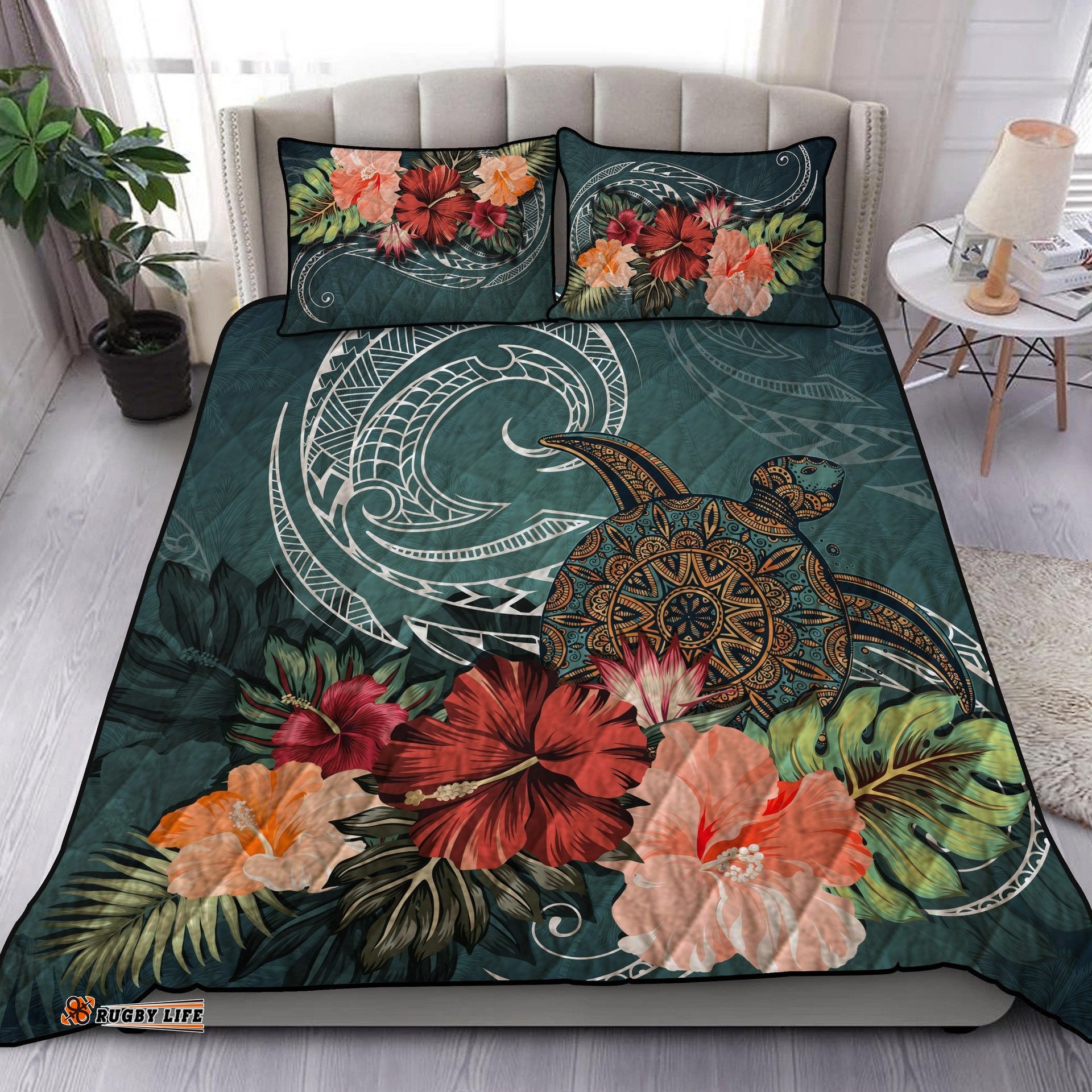 Turtle Polynesian Quilt Bed Set Hibiscus