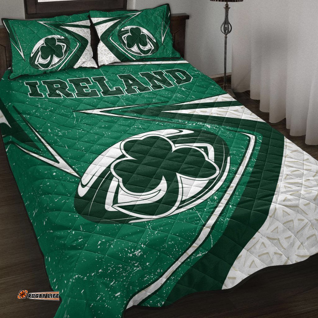 Ireland Rugby Quilt Bed Set Celtic Shamrock and Rugby Ball