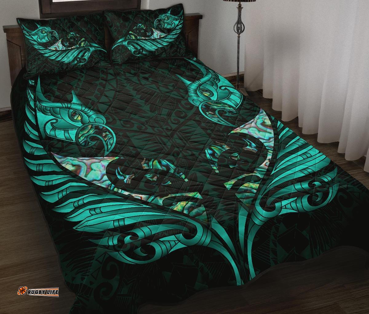 New Zealand Quilt Bed Set Manaia Paua Fern Wing Turquoise
