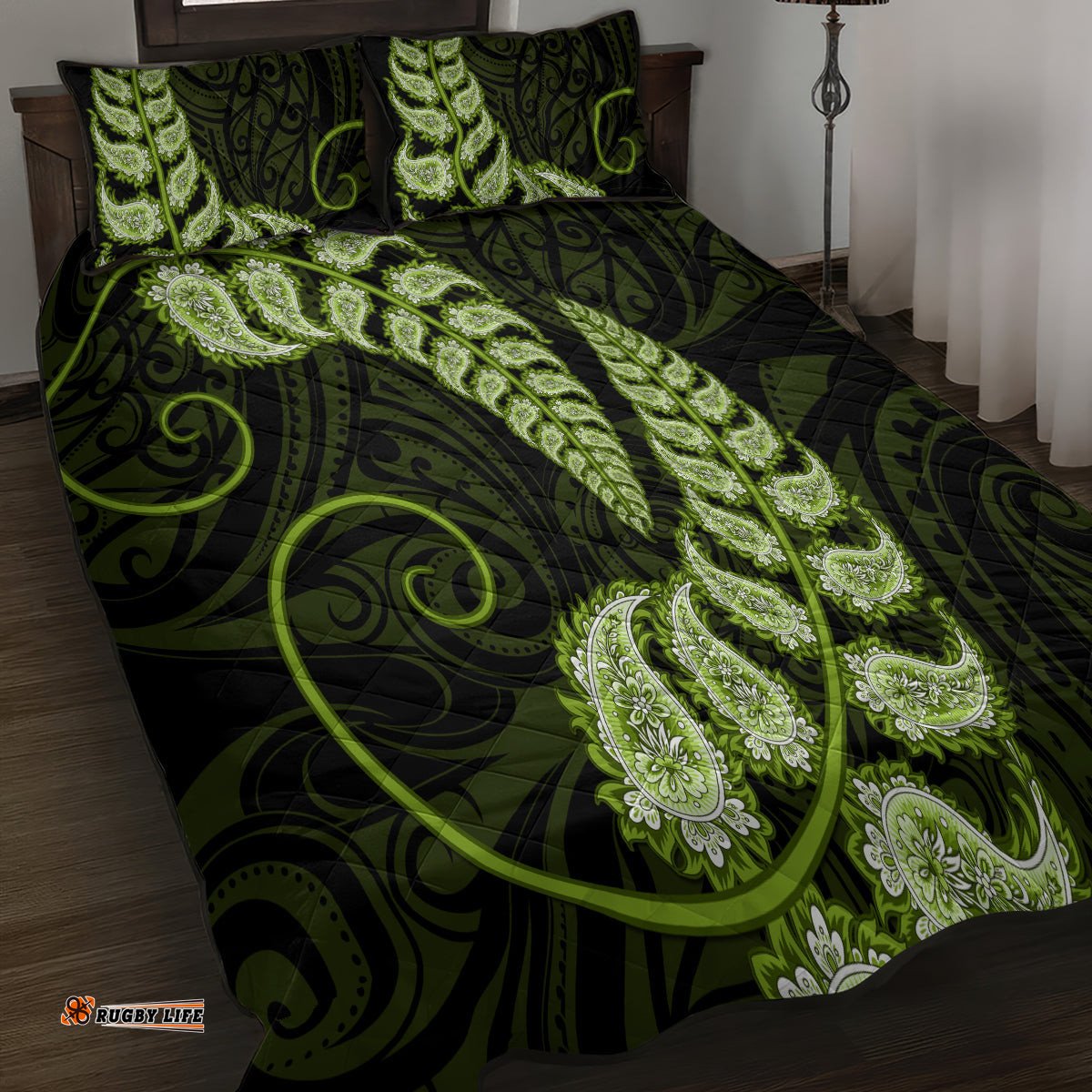 Green New Zealand Paisley Silver Fern Quilt Bed Set Aotearoa Maori