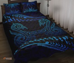 Aotearoa Quilt Bed Set Blue Maori Manaia With Silver Fern