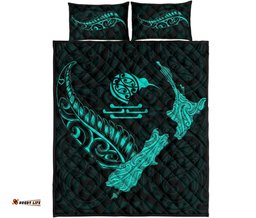 New Zealand Heart Quilt Bed Set Map Kiwi Mix Silver Fern Turquoise