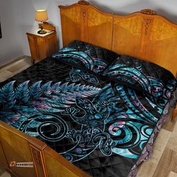 New Zealand Lizard Quilt Bed Set Silver Fern Aotearoa Maori With Paua Shell