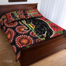 Panthers Rugby Quilt Bed Set Aboriginal Panthers ANZAC Day Panther With Poppy Flower Quilt Bed Set