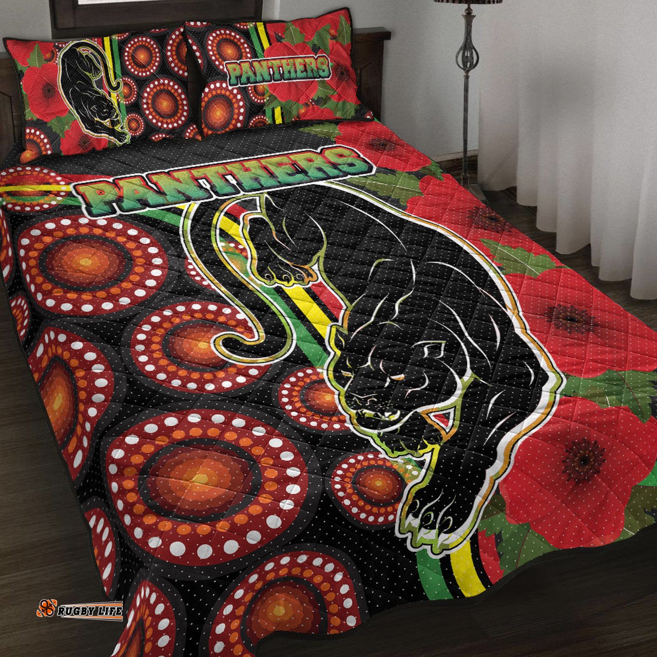 Panthers Rugby Quilt Bed Set Aboriginal Panthers ANZAC Day Panther With Poppy Flower Quilt Bed Set