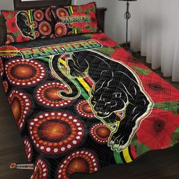 Panthers Rugby Quilt Bed Set Aboriginal Panthers ANZAC Day Panther With Poppy Flower Quilt Bed Set