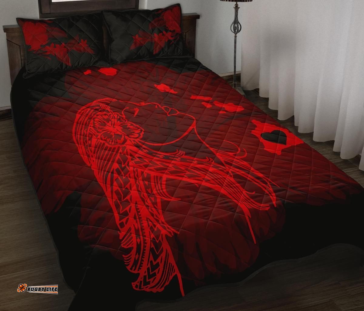 Hula Girl Hibiscus Map Quilt Bed Set Red HW01