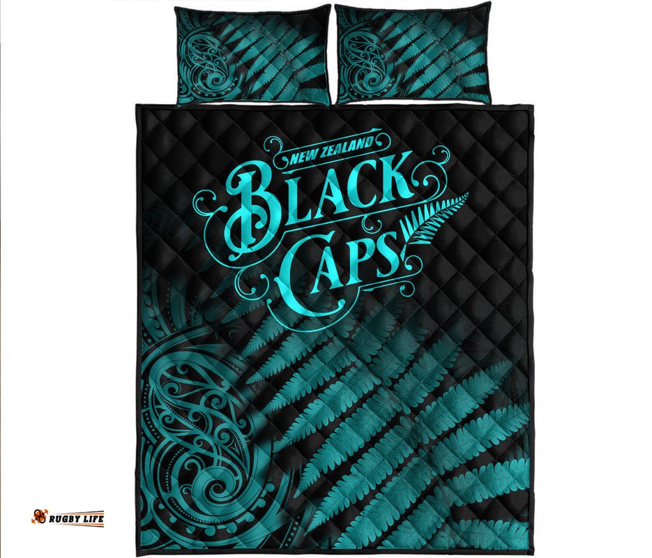 New Zealand Kiwis Cricket Team Quilt Bed Set Black Caps Silver Fern Mixed Maori Pattern Version Turquoise