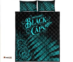 New Zealand Kiwis Cricket Team Quilt Bed Set Black Caps Silver Fern Mixed Maori Pattern Version Turquoise
