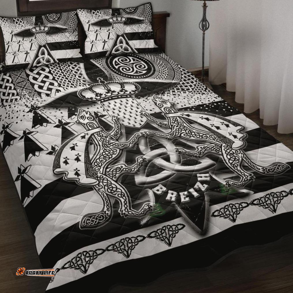 Celtic Brittany Quilt Bed Set Brittany Flag With Stoat Ermine and Triskelion Symbols