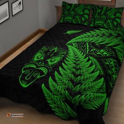 New Zealand Haka Rugby Maori Quilt Bed Set Silver Fern Vibes Green