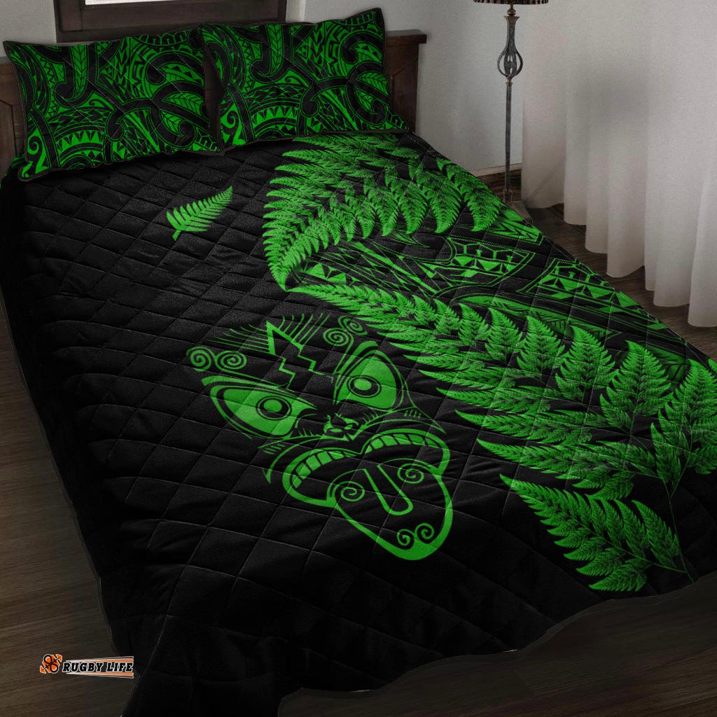 New Zealand Haka Rugby Maori Quilt Bed Set Silver Fern Vibes Green