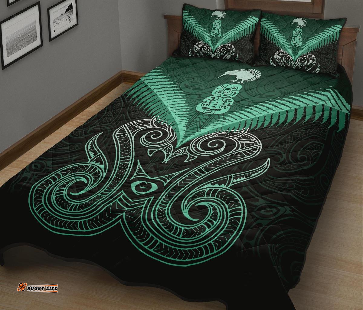 Maori Manaia New Zealand Quilt Bed Set Turquoise