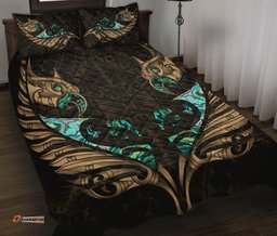 New Zealand Quilt Bed Set Manaia Paua Fern Wing Gold