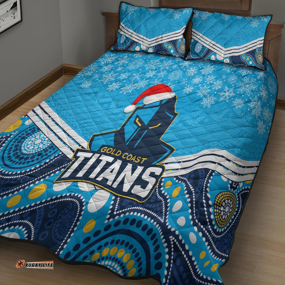 Titans Rugby Christmas Quilt Bed Set Merry Xmas Mix Aboriginal Art