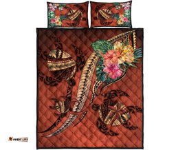 Polynesian Turtle Quilt Bed Set Tribal Tattoo With Hibiscus Coral