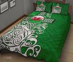 Wales Celtic Quilt Bed Set Welsh Dragon Flag with Celtic Cross Green