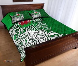 Wales Celtic Quilt Bed Set Welsh Dragon Flag with Celtic Cross Green