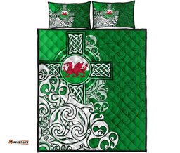Wales Celtic Quilt Bed Set Welsh Dragon Flag with Celtic Cross Green